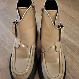 Maeve Monk-Strap Anthropologie Boots, Tan, Size 7.5